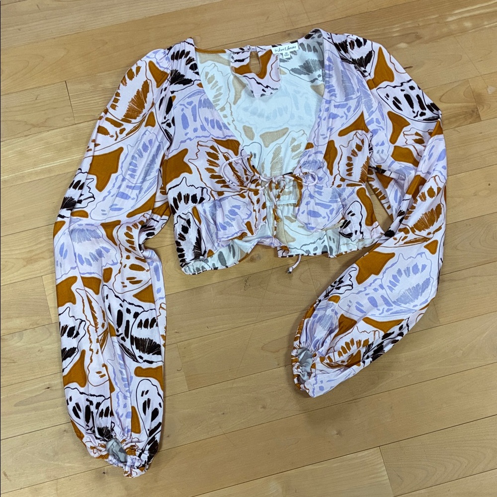 For Love & Lemons White, Lavender & Mustard Floral Drawstring Crop Top